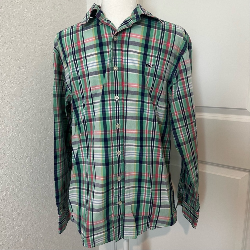 Vineyard Vines Men’s Plaid Button Down Shirt Green Pink Long Sleeve